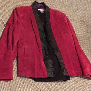 EUC,Red Suede Trimmed in Lace, Size 1X, side front angle pockets